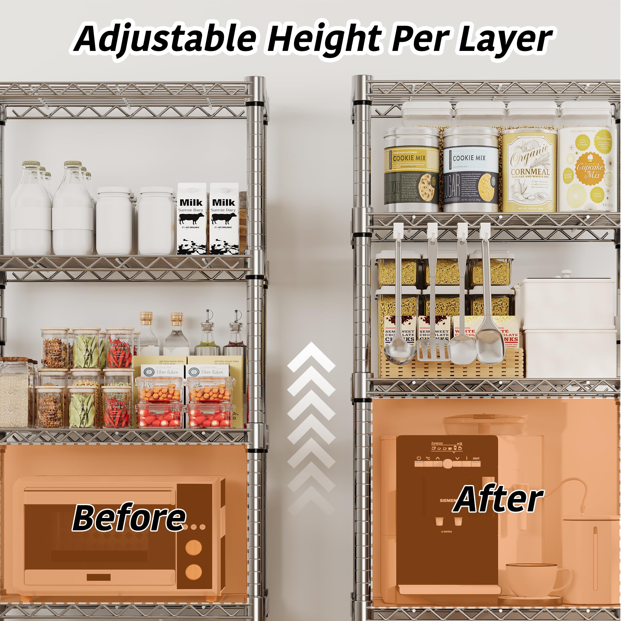 Garvee adjustable shelves let you customize height to fit tall items.