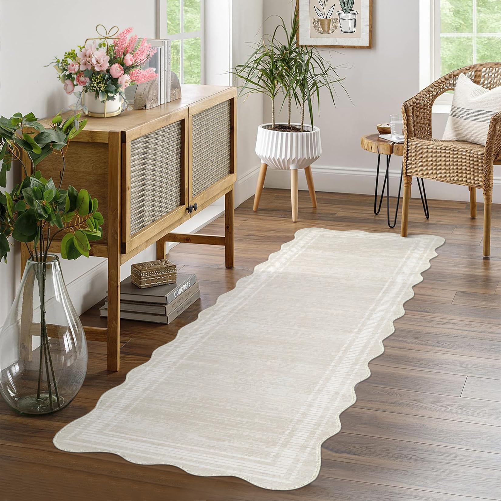 Garvee living room layout shows versatile placement under coffee tables for a grounded look.
