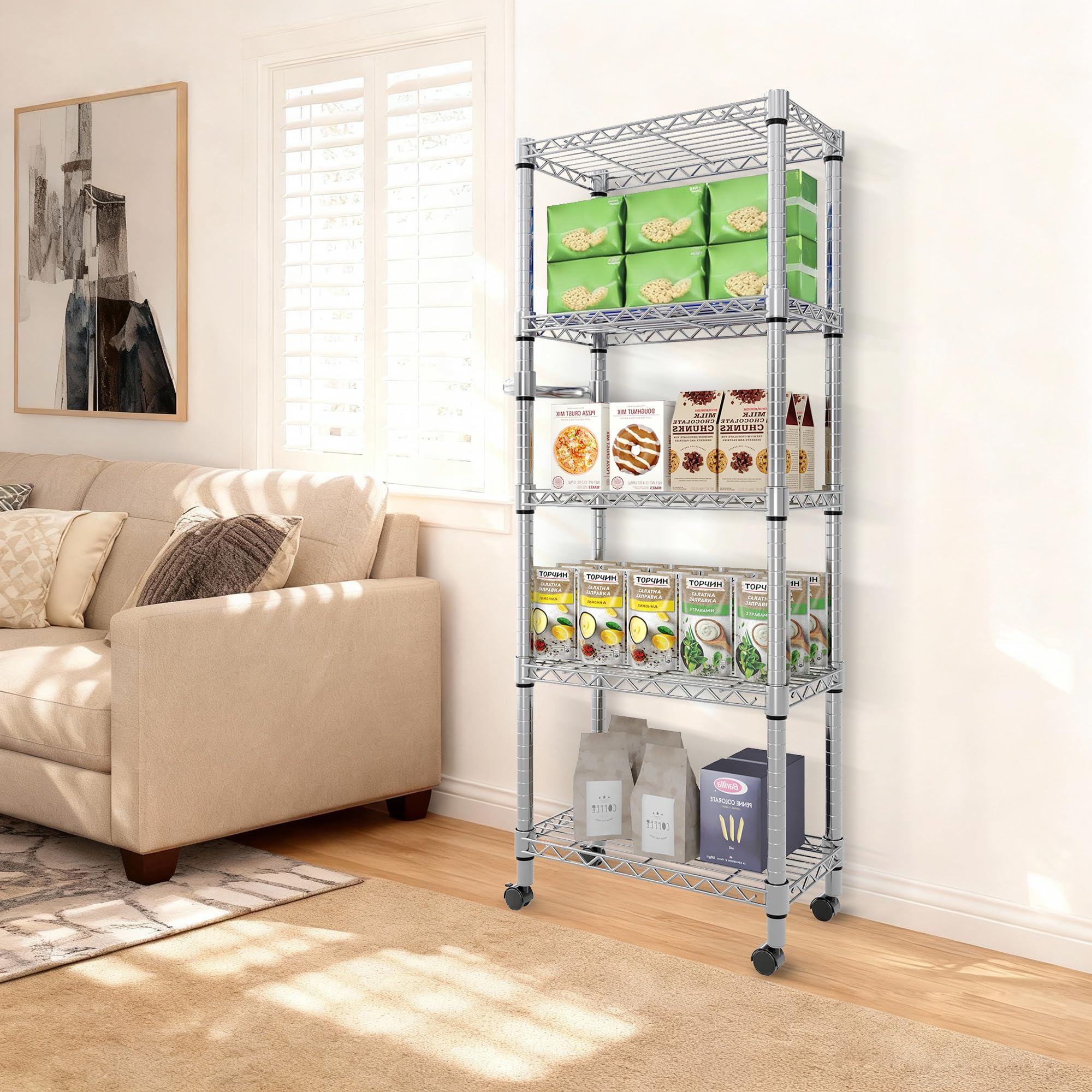 Garvee metal wire rack enables visible, organized storage in any room.