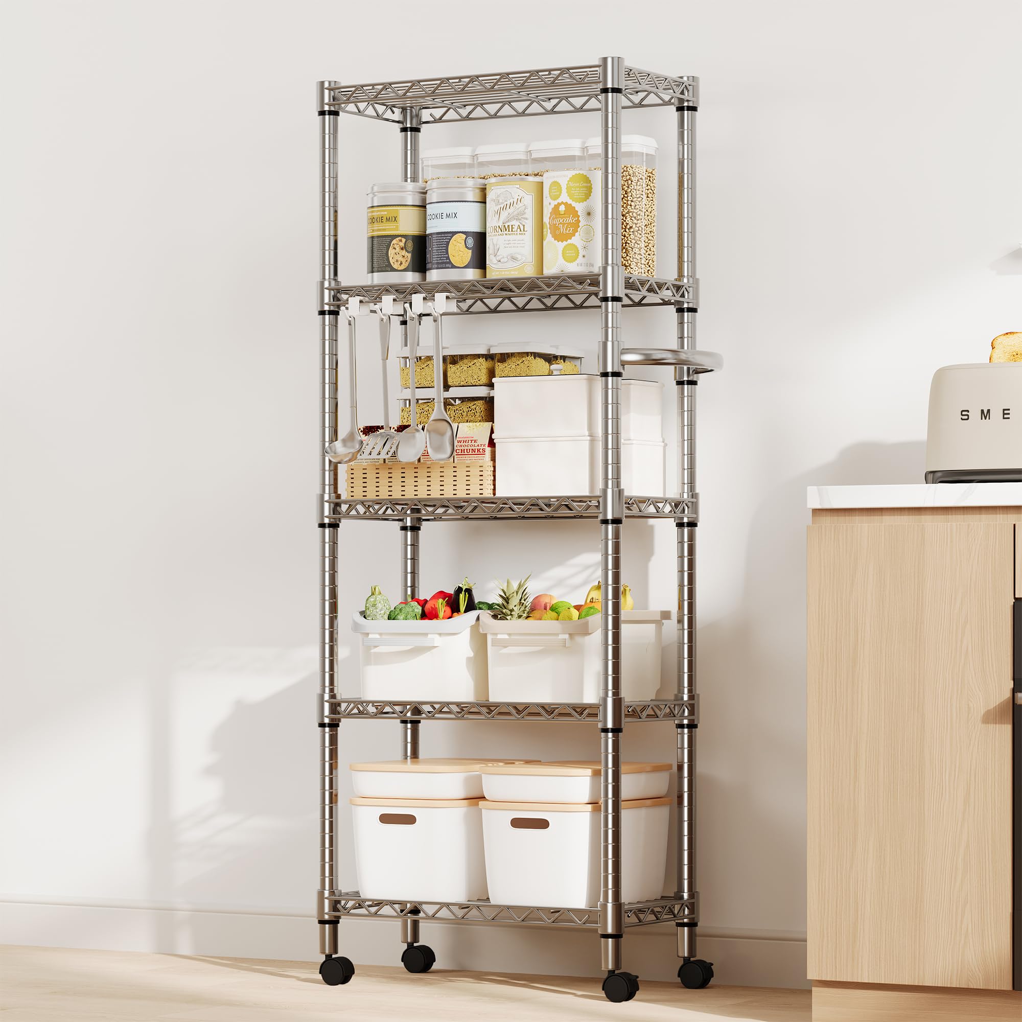 Garvee rolling shelf demonstrates smooth 360-degree wheels and easy mobility.