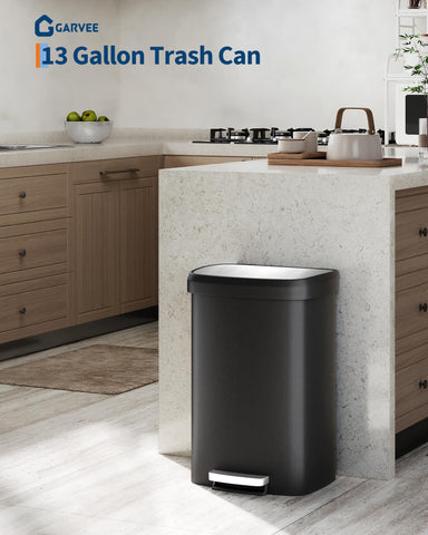 Garvee trash can lid with soft-close mechanism in action for quiet disposal