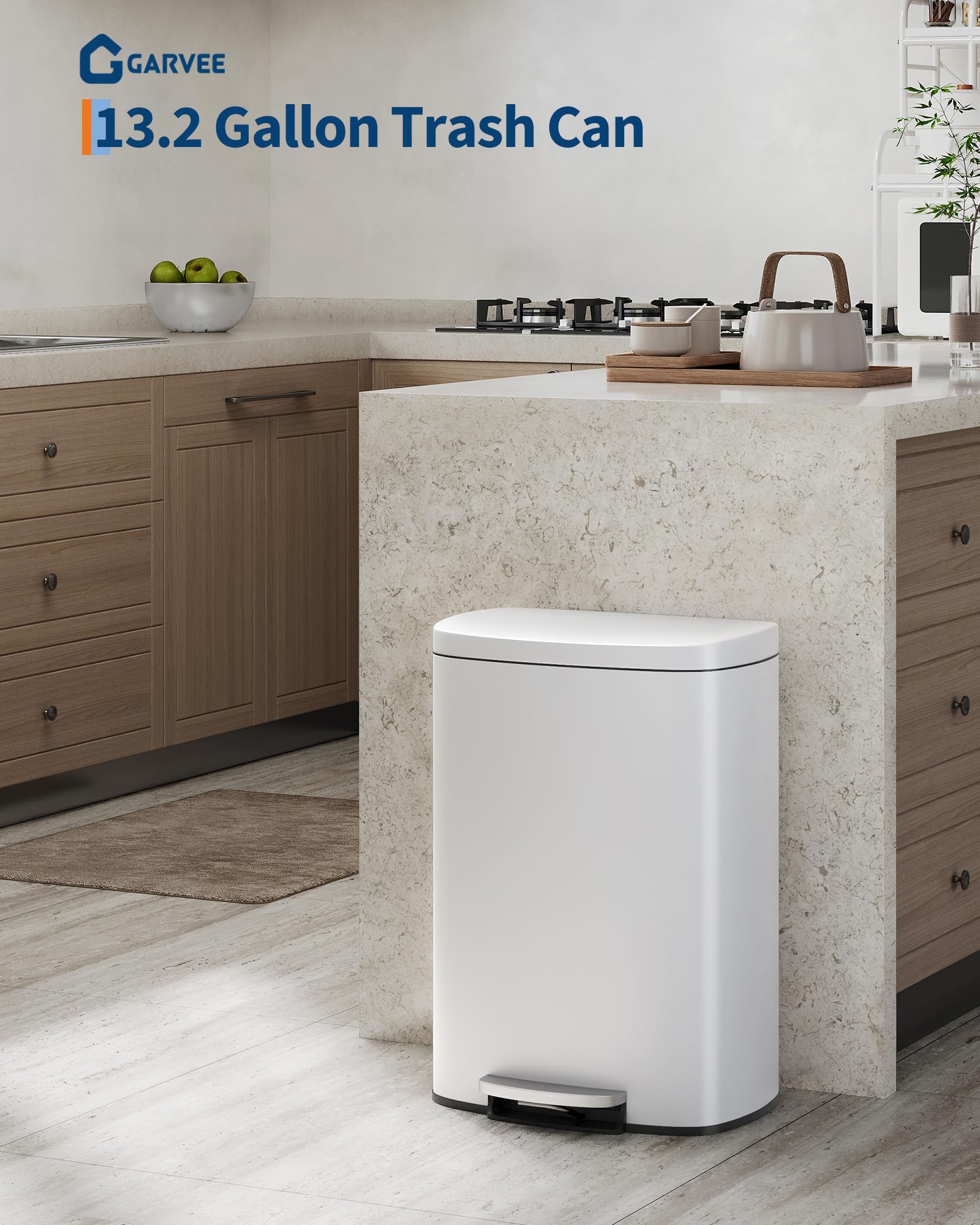 Garvee step-on trash bin enables hands-free operation for busy cooking sessions.