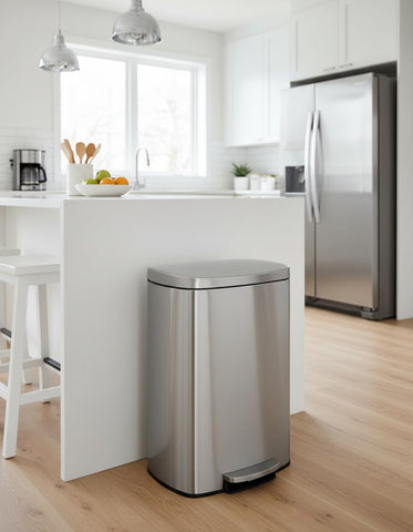Garvee step-on can with lid open for hands-free disposal.