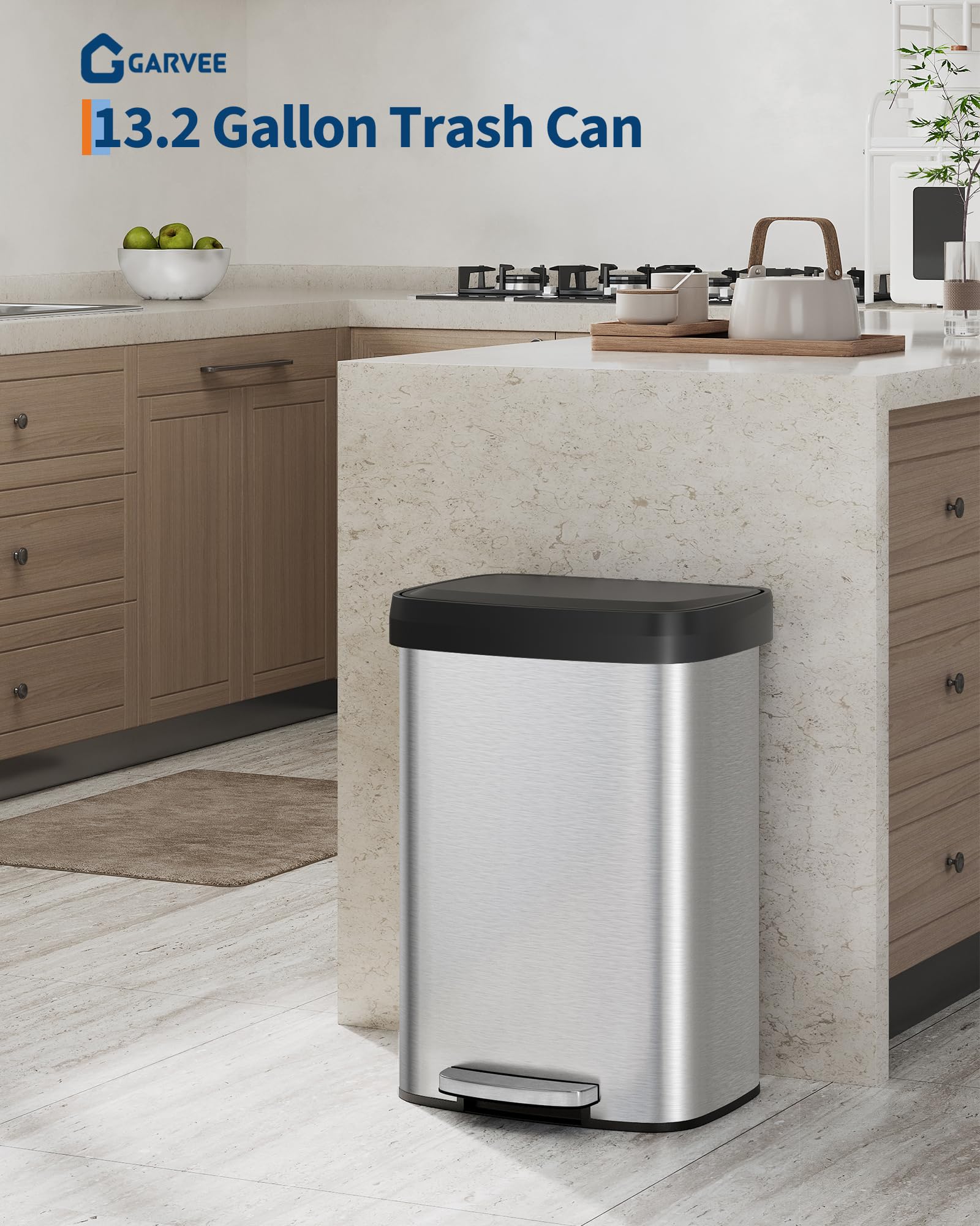 Garvee trash can lid closed reveals fingerprint-resistant finish for easy cleaning
