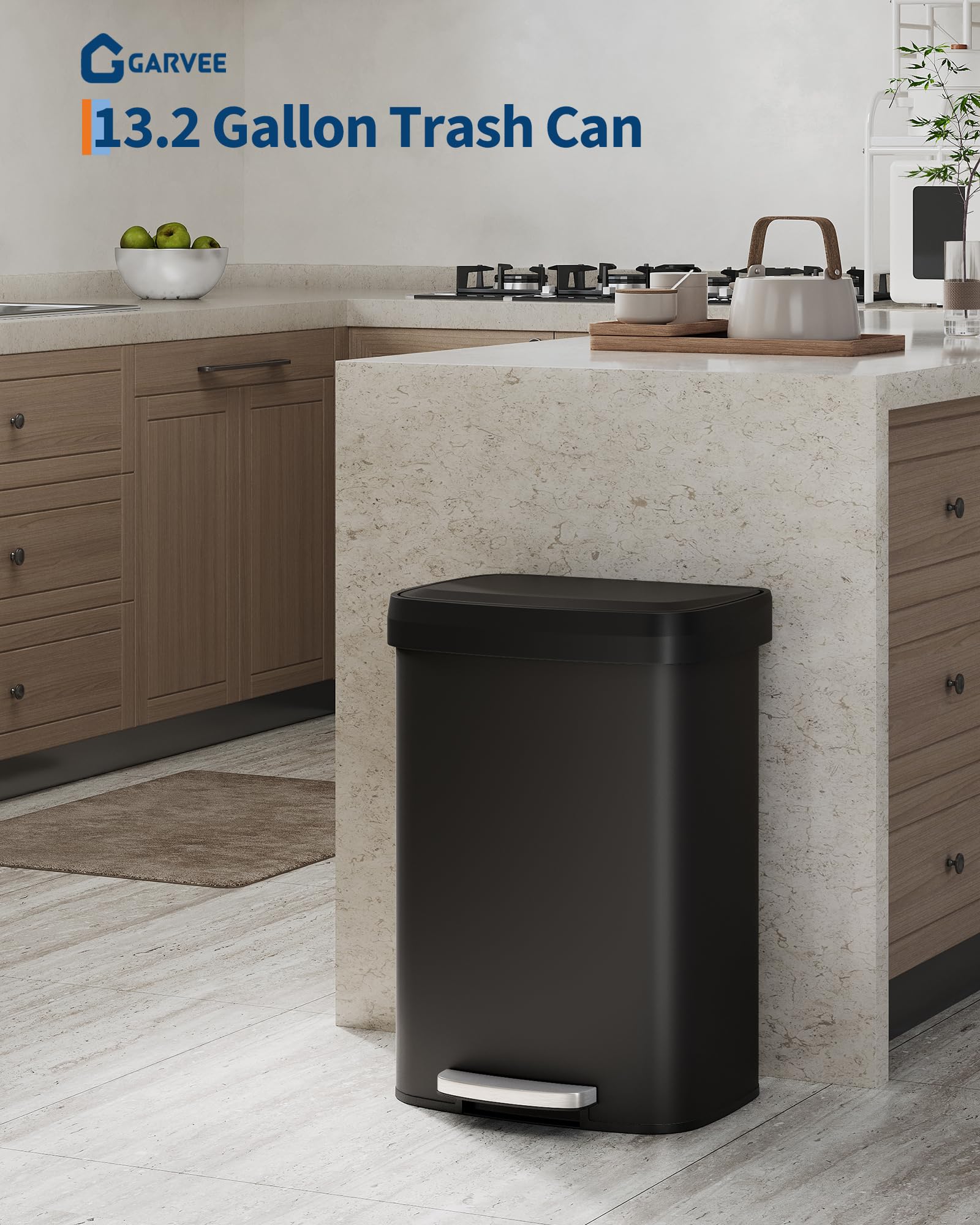 Garvee trash can lid open with soft-close for quiet, hands-free waste disposal