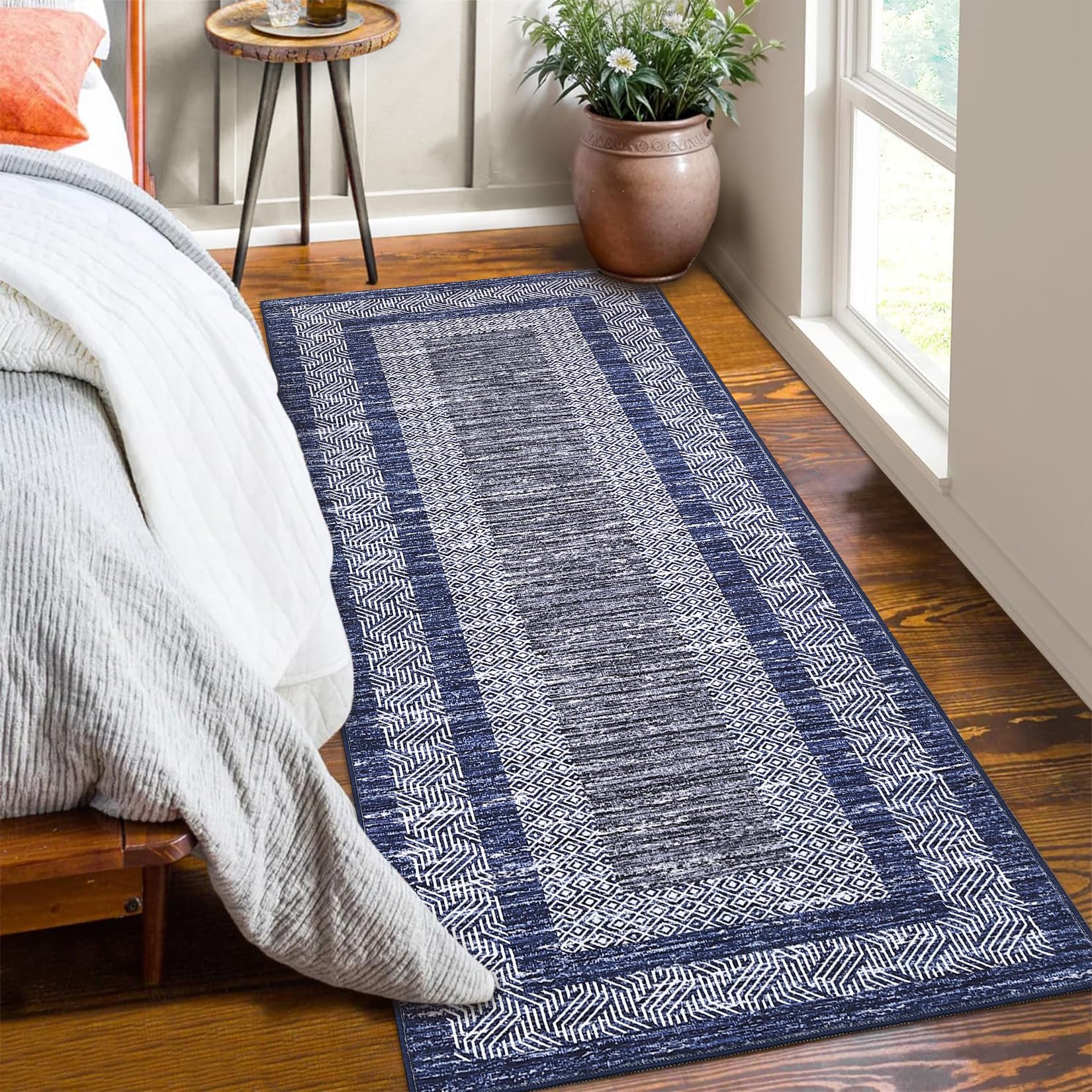 GarveeHome 2x6 modern bordered blue runner with non-slip grip for safe hallway use.