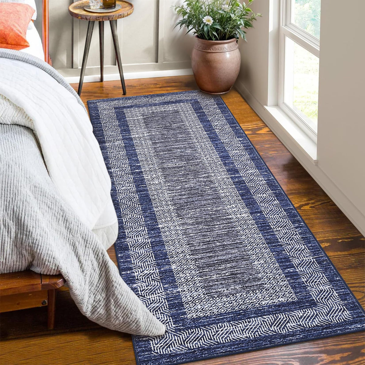 GarveeHome 2x6 modern bordered blue runner with non-slip grip for safe hallway use.