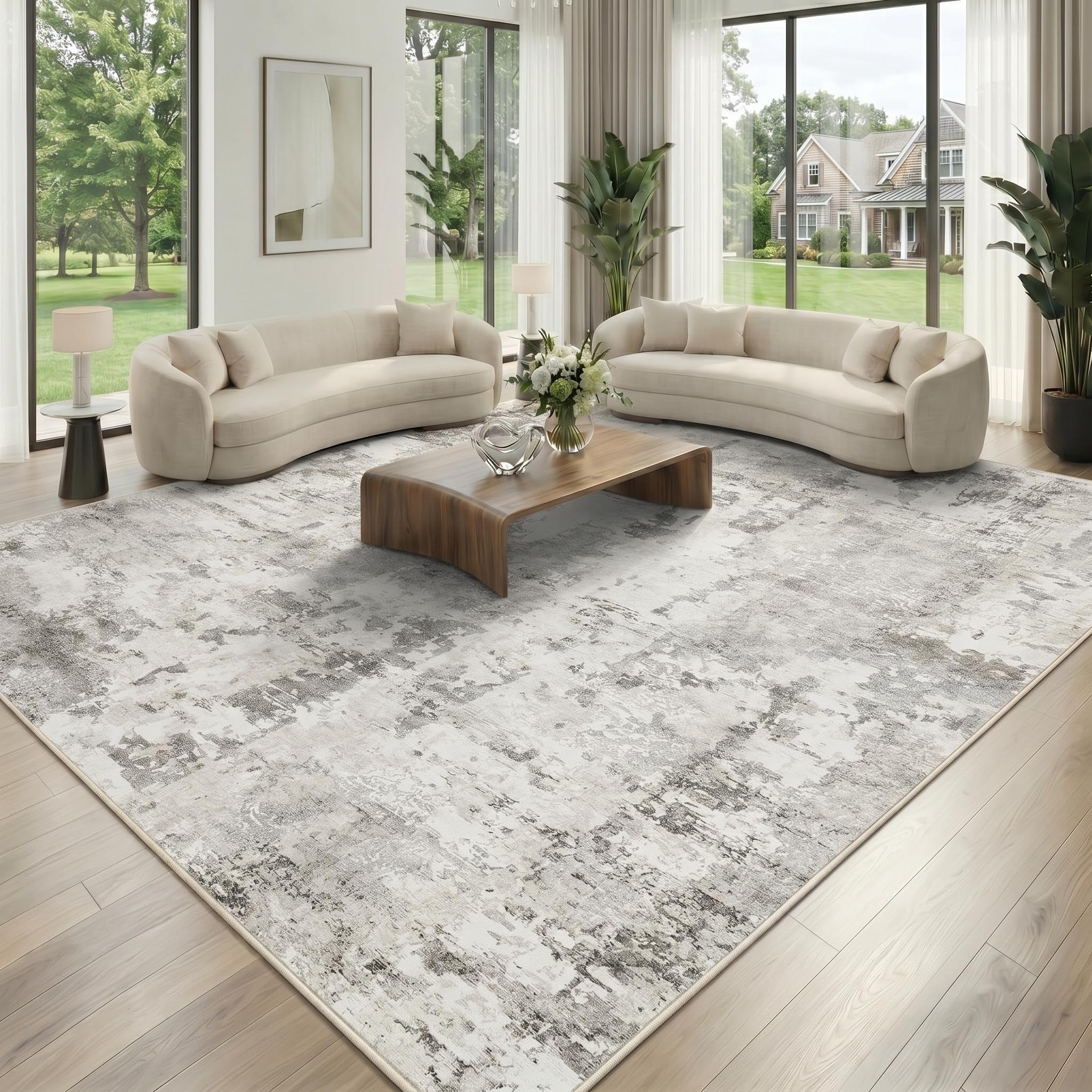 GarveeHome 5x7 abstract beige rug design showing calm living room compatibility