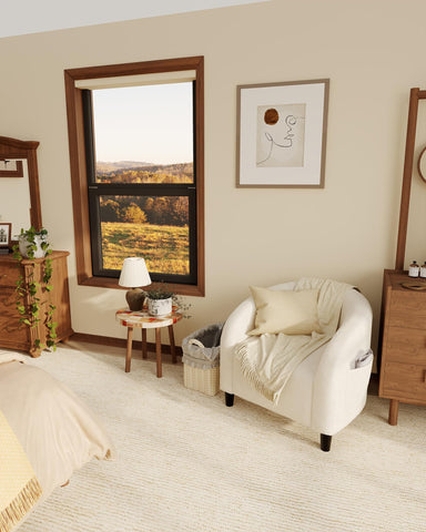 GarveeHome accent chair beige bouclé close-up stitching shows quality and soft texture.