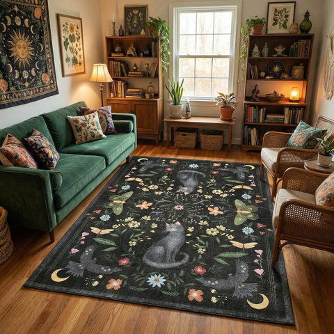 GarveeHome Mystic Cat Rug with two gray cats, bold gothic centerpiece for rooms