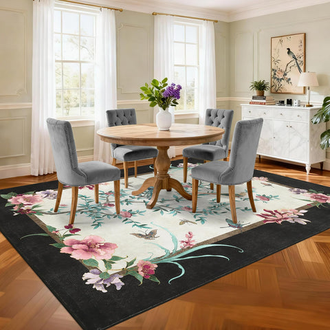GarveeHome chinoiserie-bird-and-flower-design on rug adds cultural charm to living spaces.