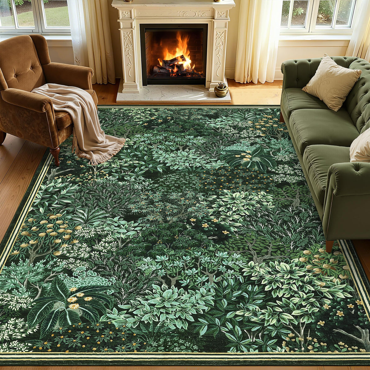 GarveeHome Forest Rugs 5x7 green washables in a living room for easy styling and cleanability.