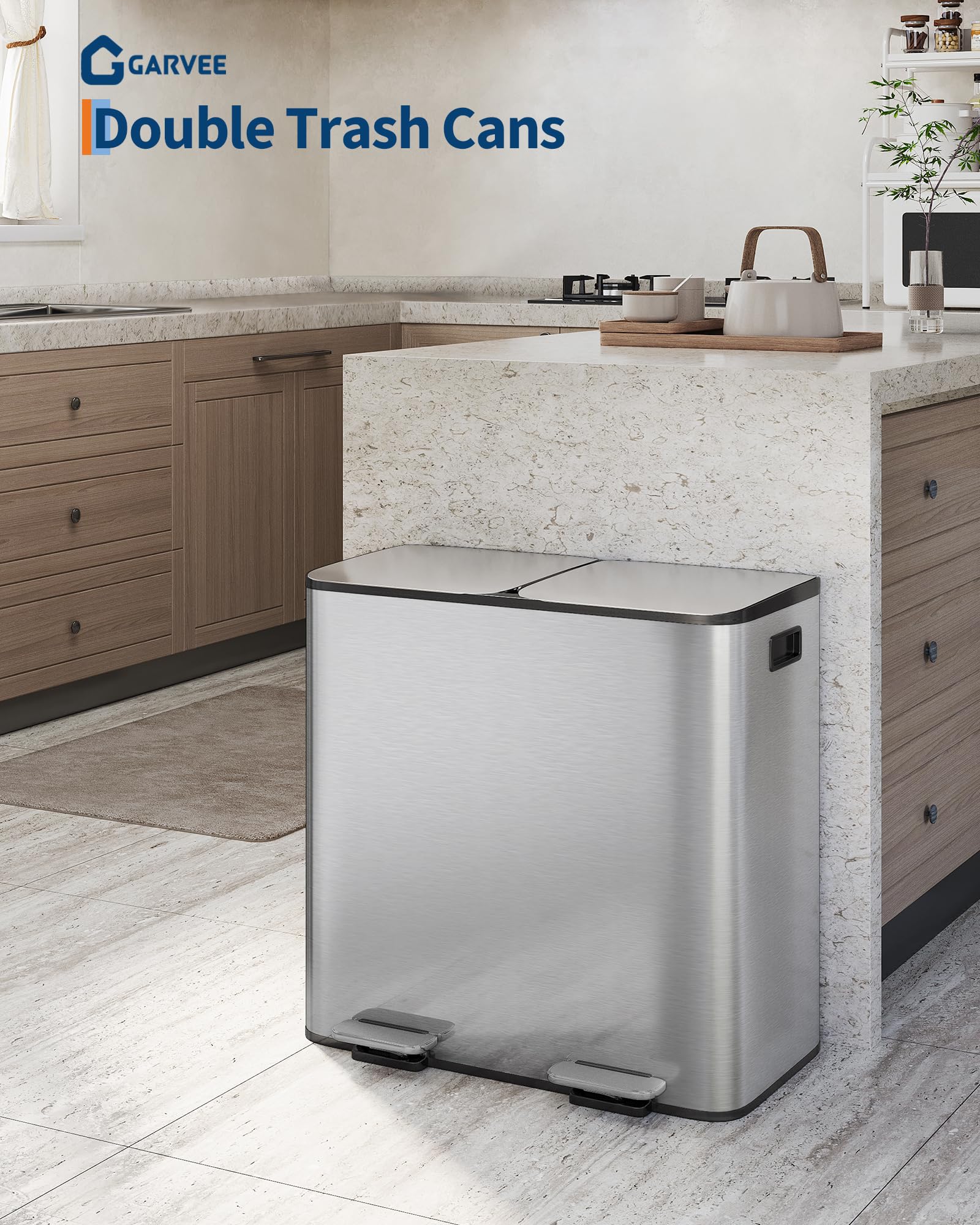 GarveeHome lid-open dual-bin demonstrates easy access for quick sorting in busy kitchens.