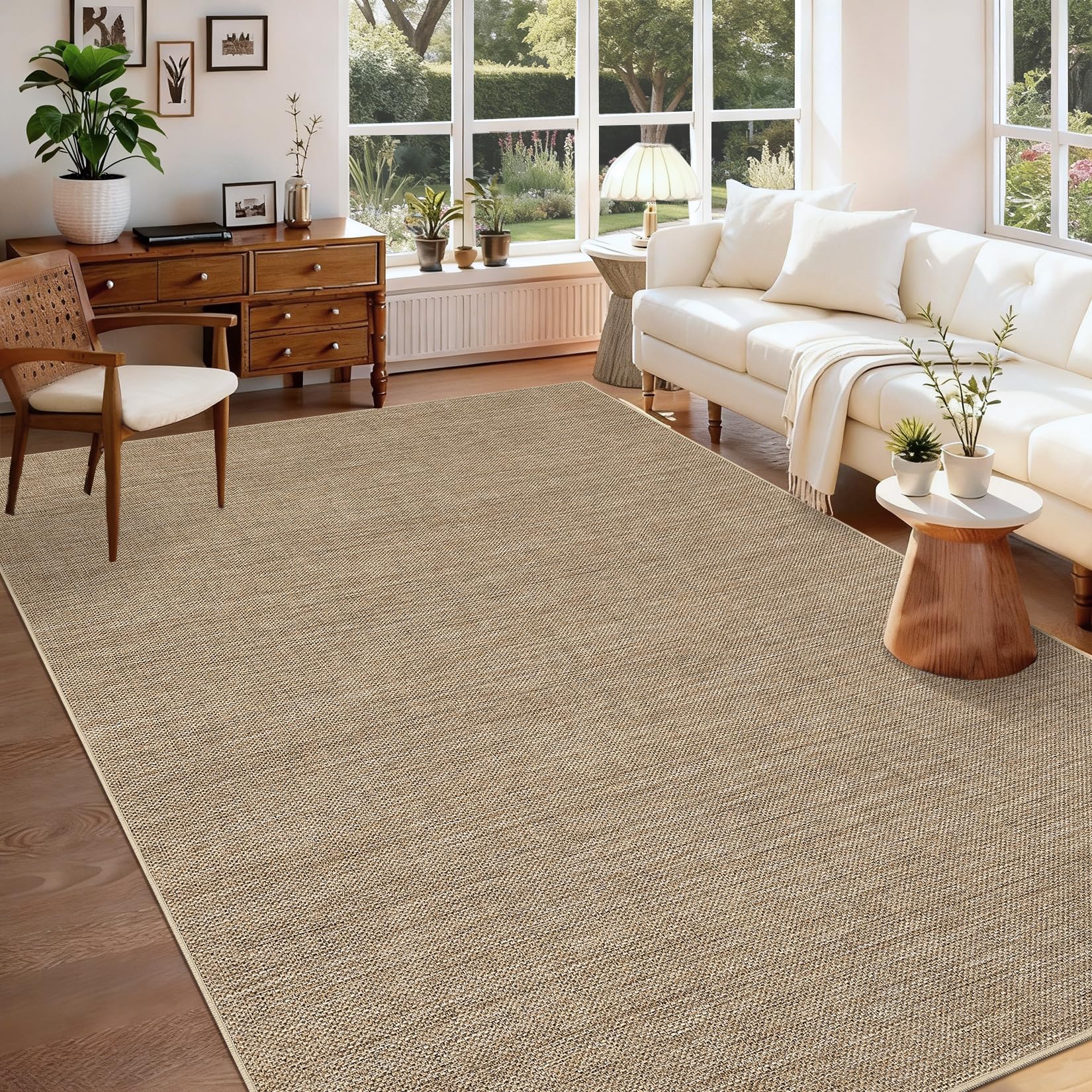 GarveeHome Outdoor Easy Jute Rug 5x7 on patio, neutral tan, perfect for high-traffic entries.