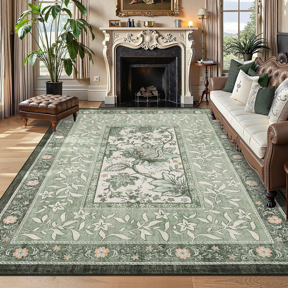 GarveeHome Provence rug with botanical border detail enhances tranquil living room decor.
