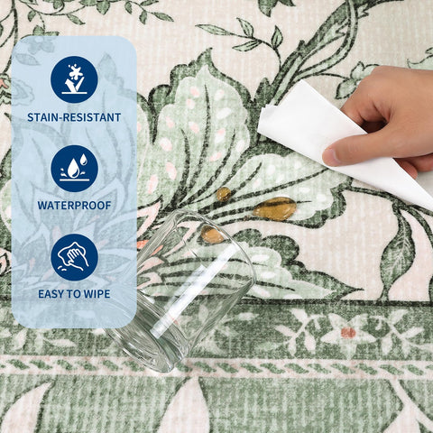 GarveeHome Provence rug is machine-washable for easy cleanup after spills.