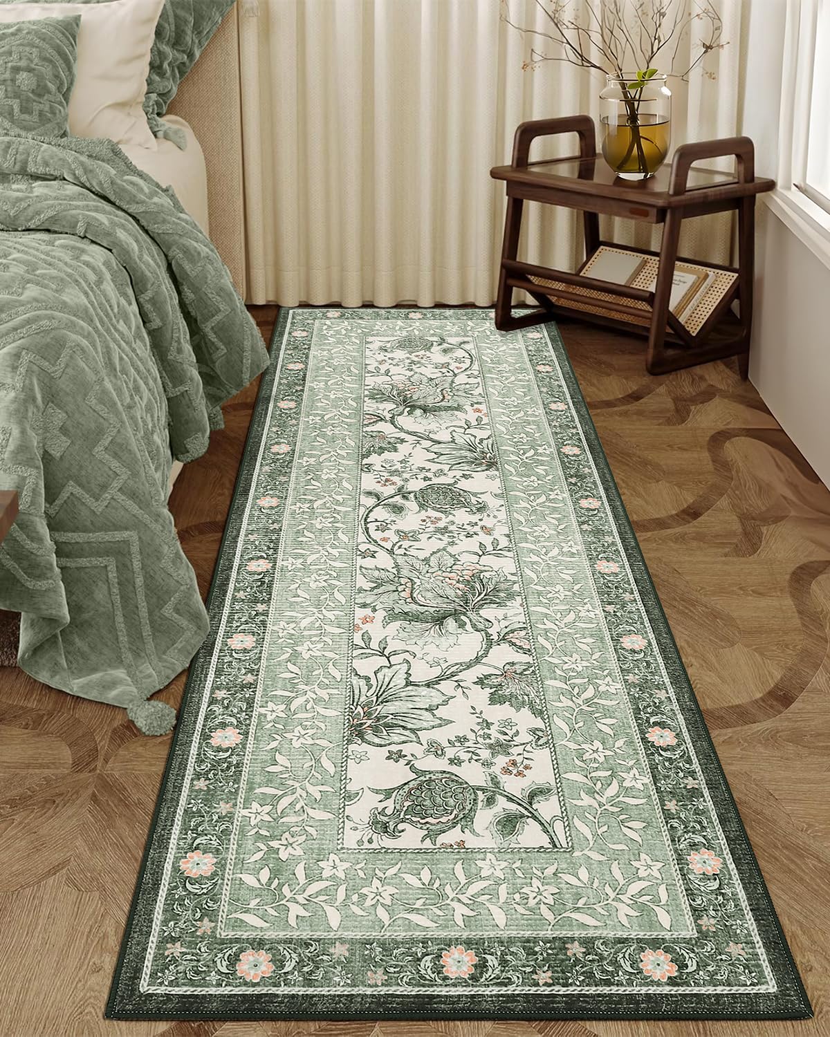 GarveeHome Sage Green 2x6 Provence rug is machine washable for easy cleanup
