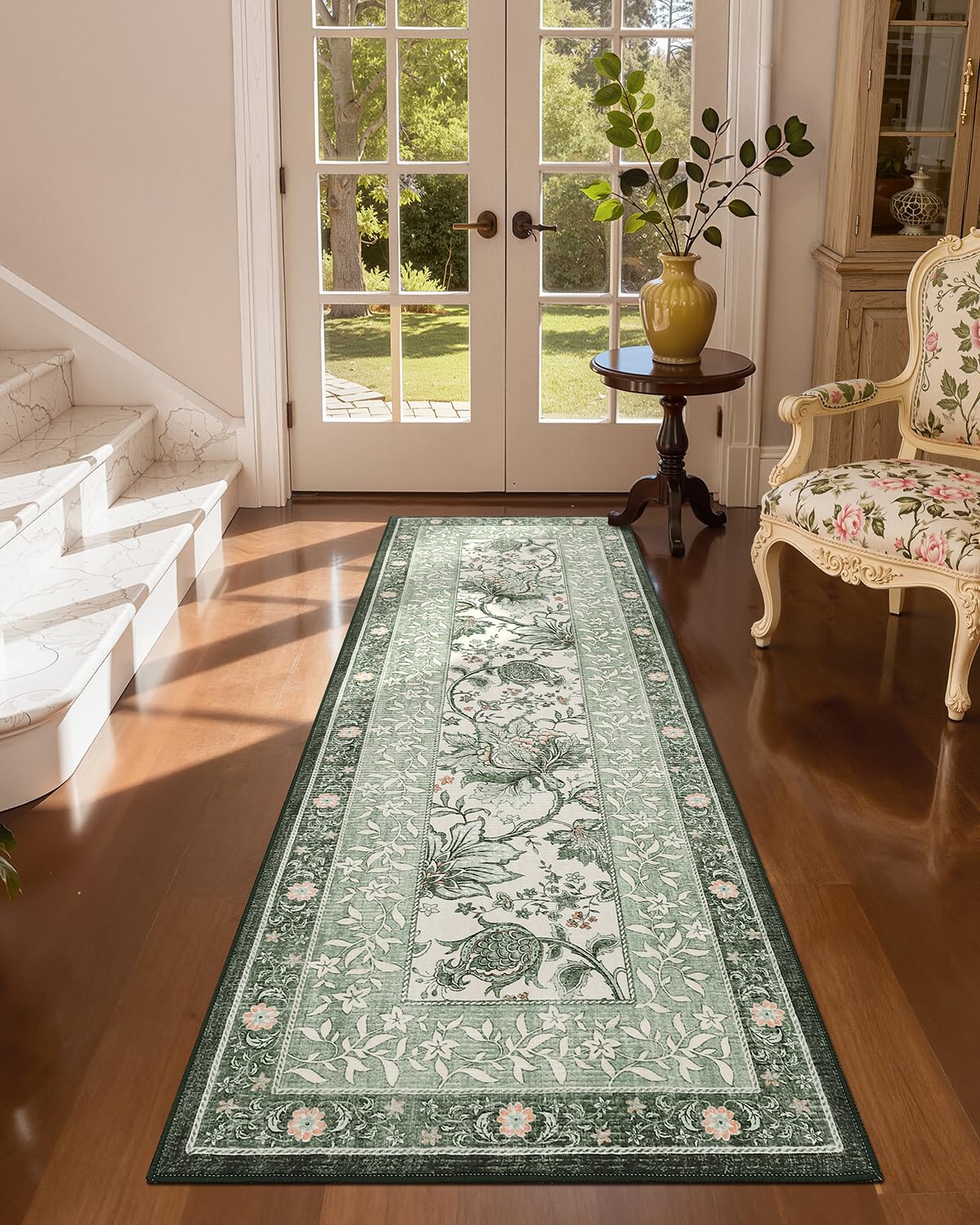 GarveeHome Sage Green 2x6 Provence rug featuring a border design for chic, tranquil spaces