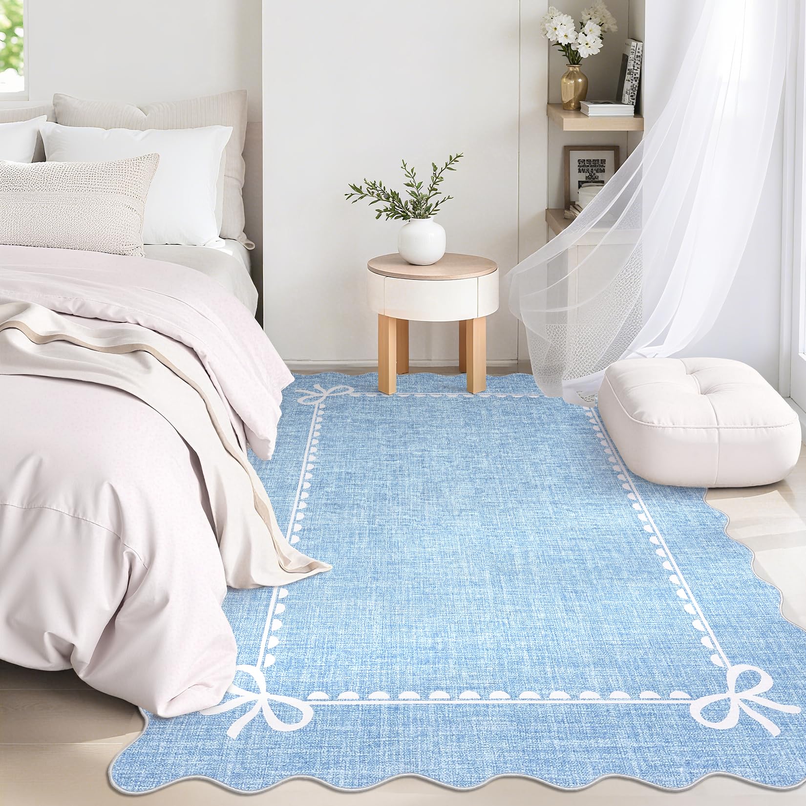 GarveeHome blue scalloped bow rug in nursery with soft pile for cozy playtime