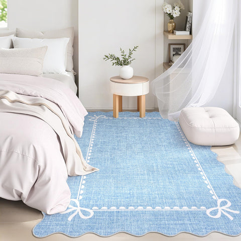 GarveeHome blue scalloped bow rug in nursery with soft pile for cozy playtime