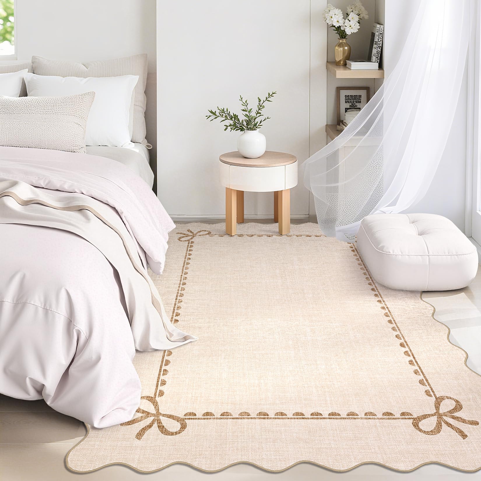 GarveeHome scalloped bow rug in beige designed for living rooms and lounges