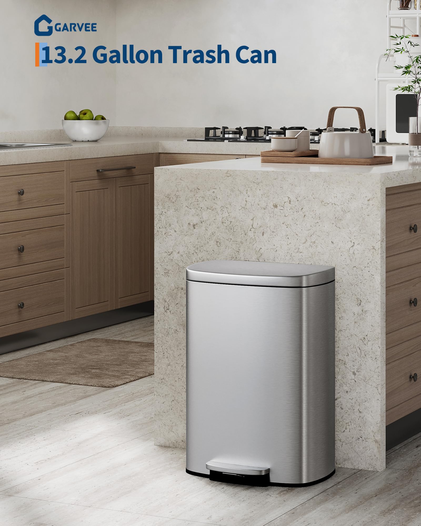 GarveeHome step-on lid enables hands-free use with quiet, smooth closing.