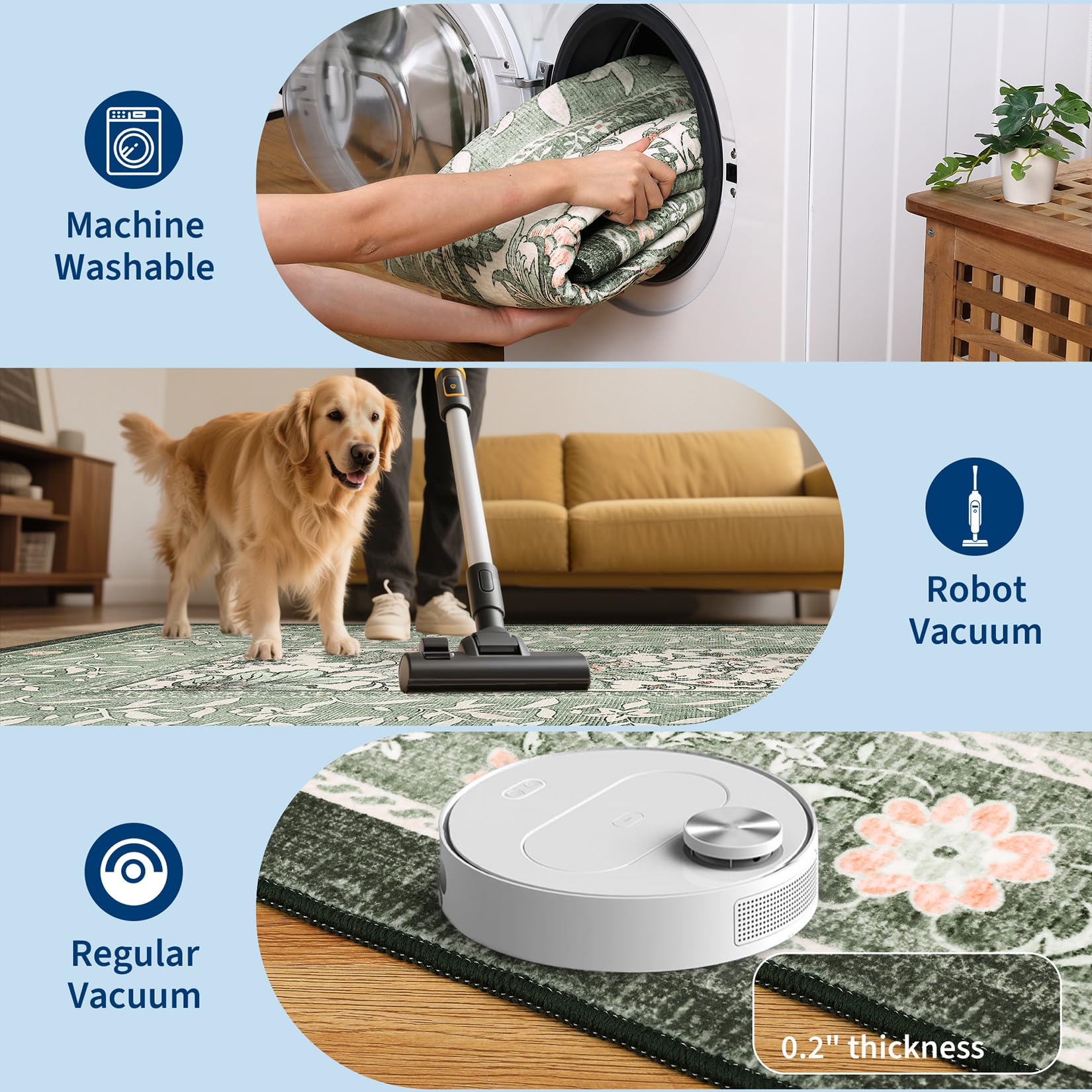 GarveeHome washable rug with machine-wash icon for easy cleaning after spills.