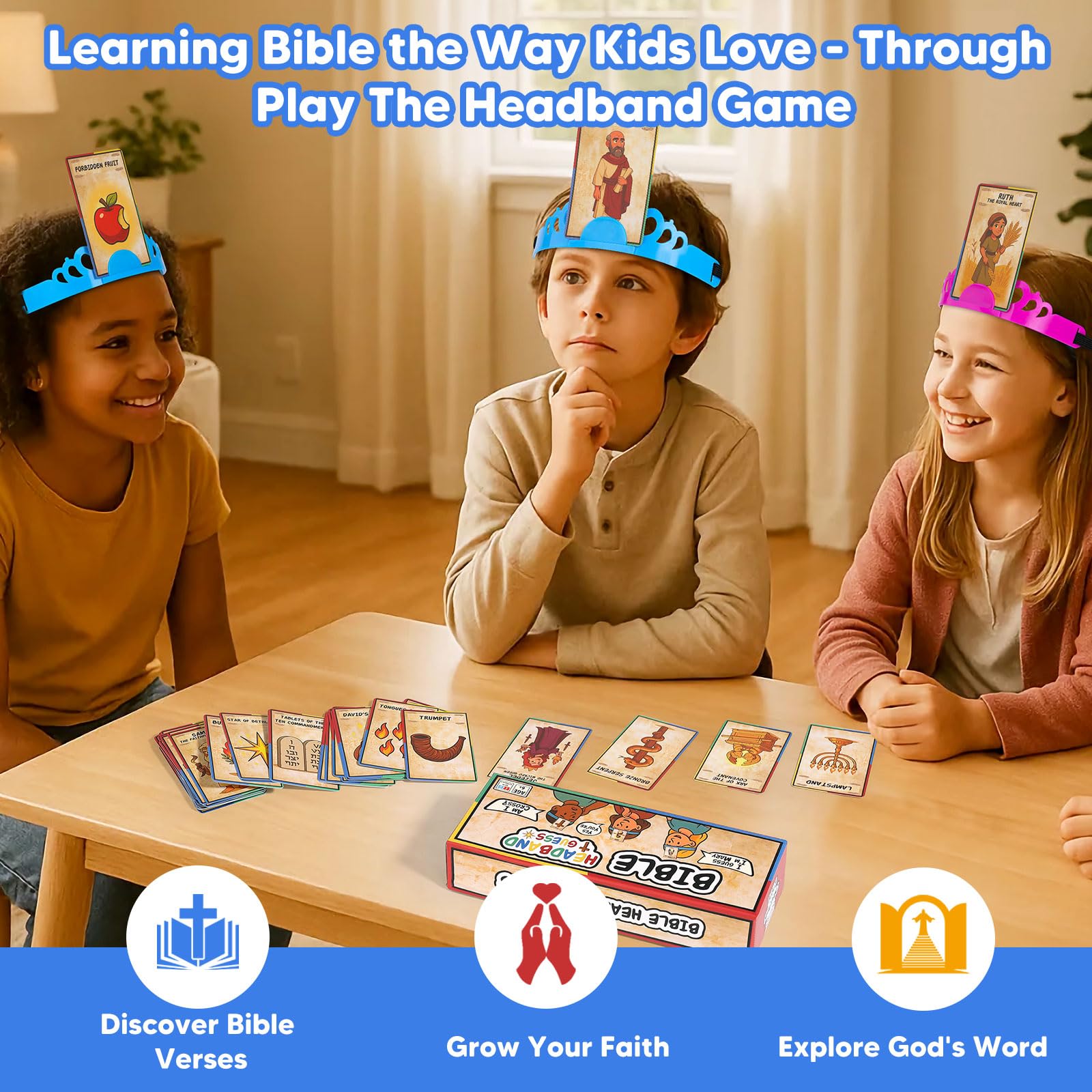 Garybank Bible Headbands game-play setup on table invites collaborative questioning during family nights.