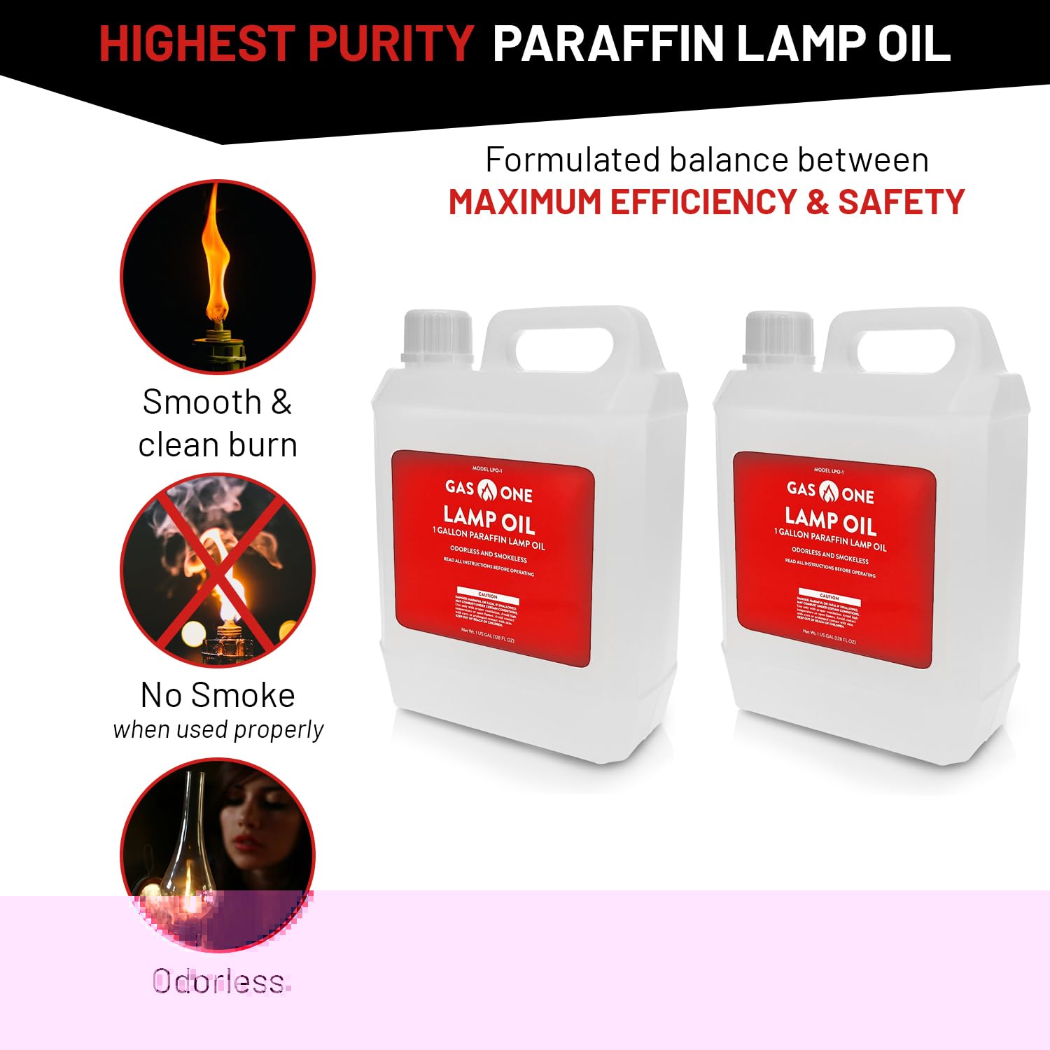 Gas One clear paraffin oil bottle delivers a clean burn for lamps and lanterns.