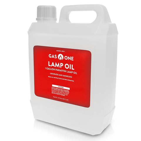 Gas One Liquid Paraffin Lamp Oil in a 1-gallon bottle for clean indoor use.