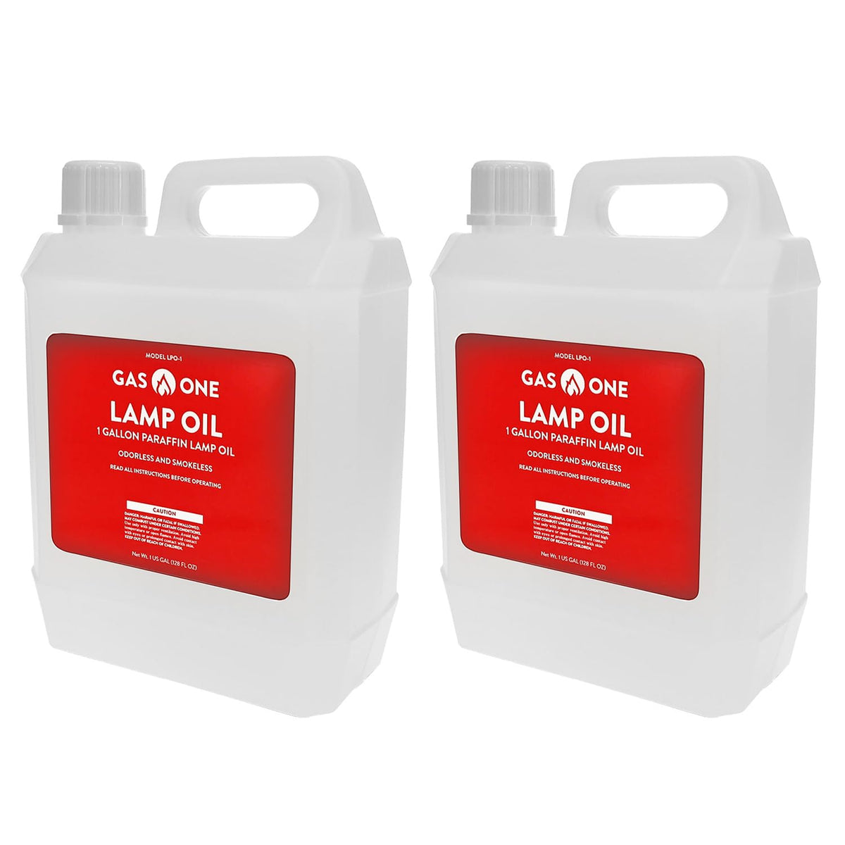 Gas One two-pack 1-gallon bottle lamp oil for easy outdoor and indoor lighting.