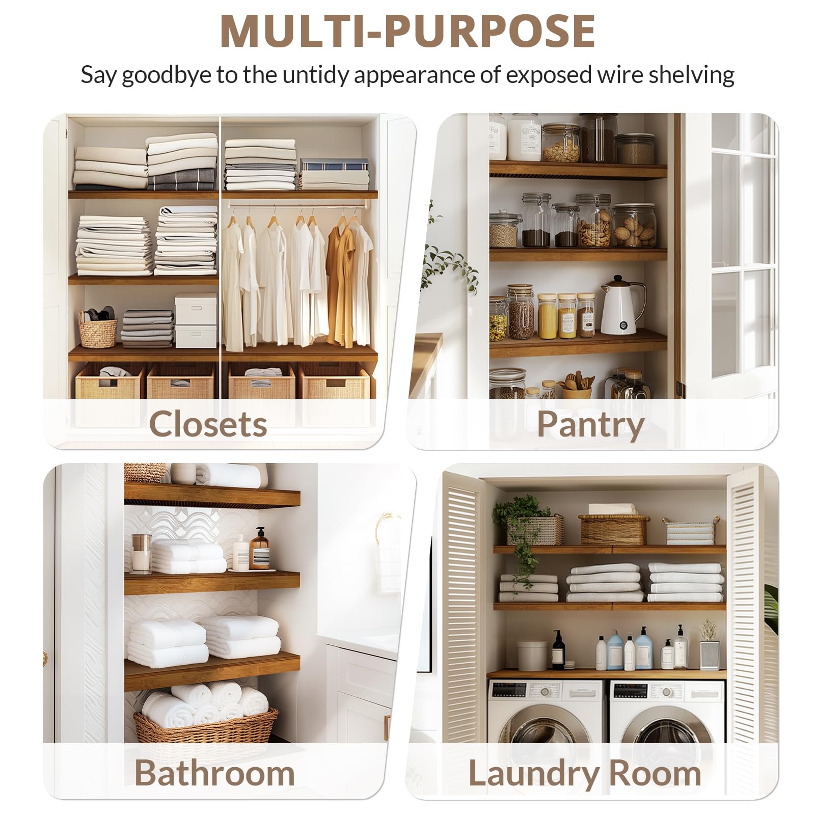 Gashell bamboo wire shelf cover fits multiple sizes on pantry shelves