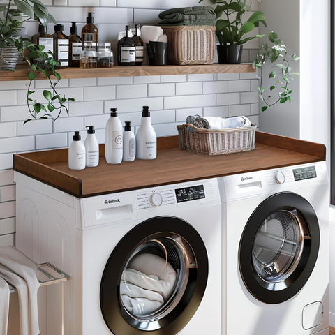 Gashell countertop raised edges keep items secure during laundry tasks.