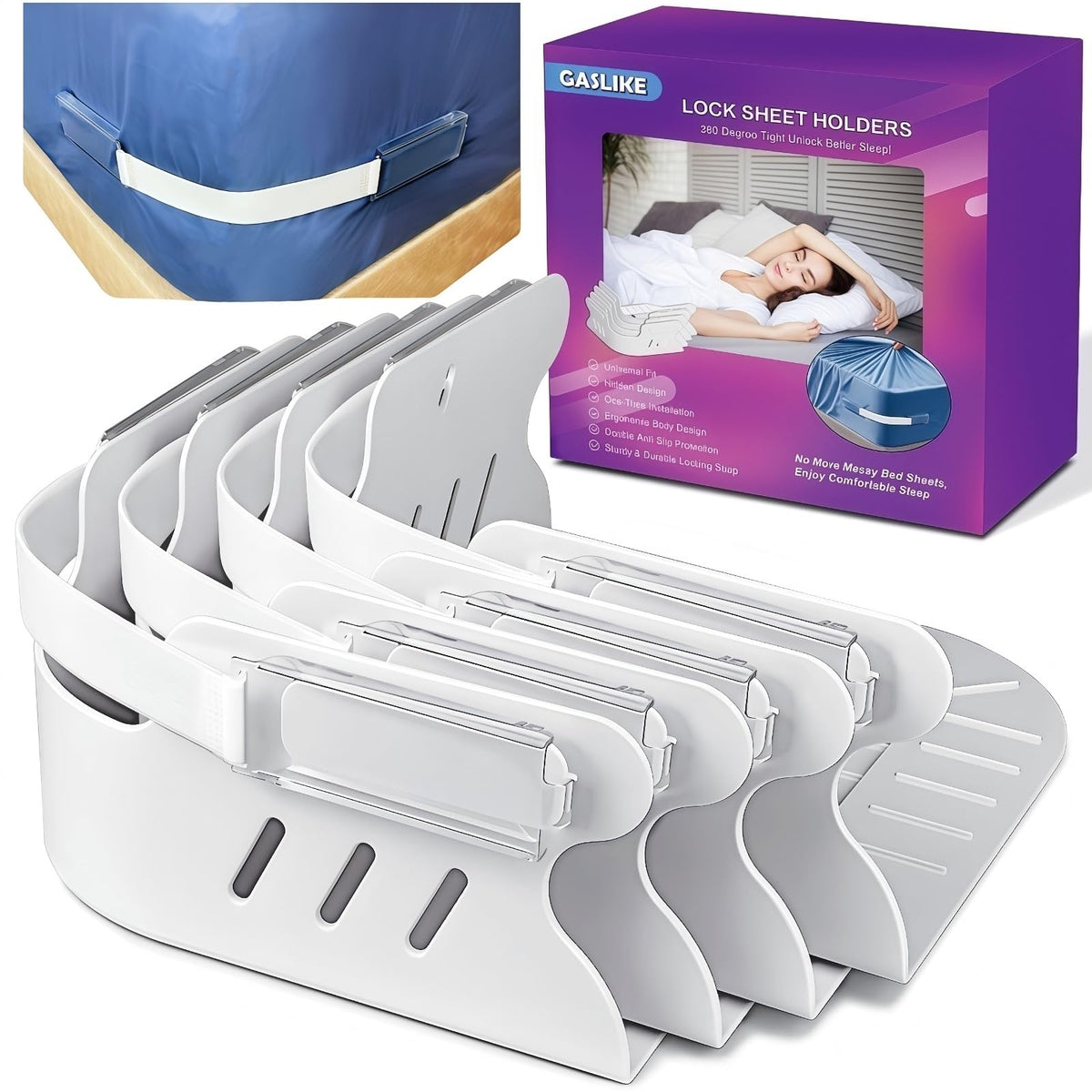 GASLIKE lock sheet holders for corners secure sheets for a neat bed.