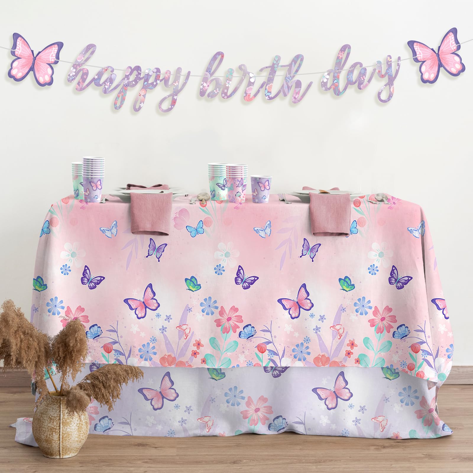 Gatherfun butterfly tablecloth protects surfaces and starts the garden-themed celebration