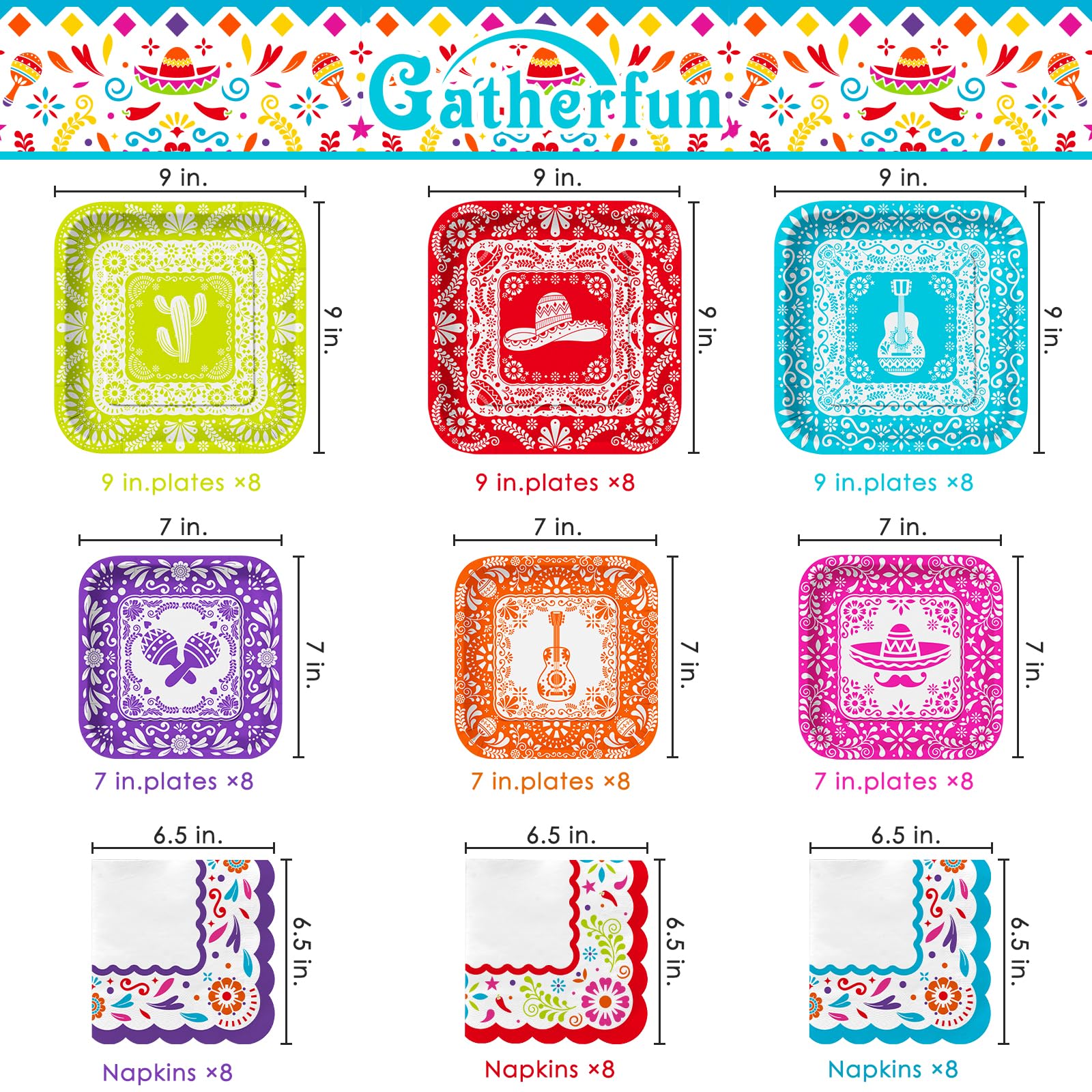 Gatherfun Fiesta Kit dessert plates in bright designs for quick servings