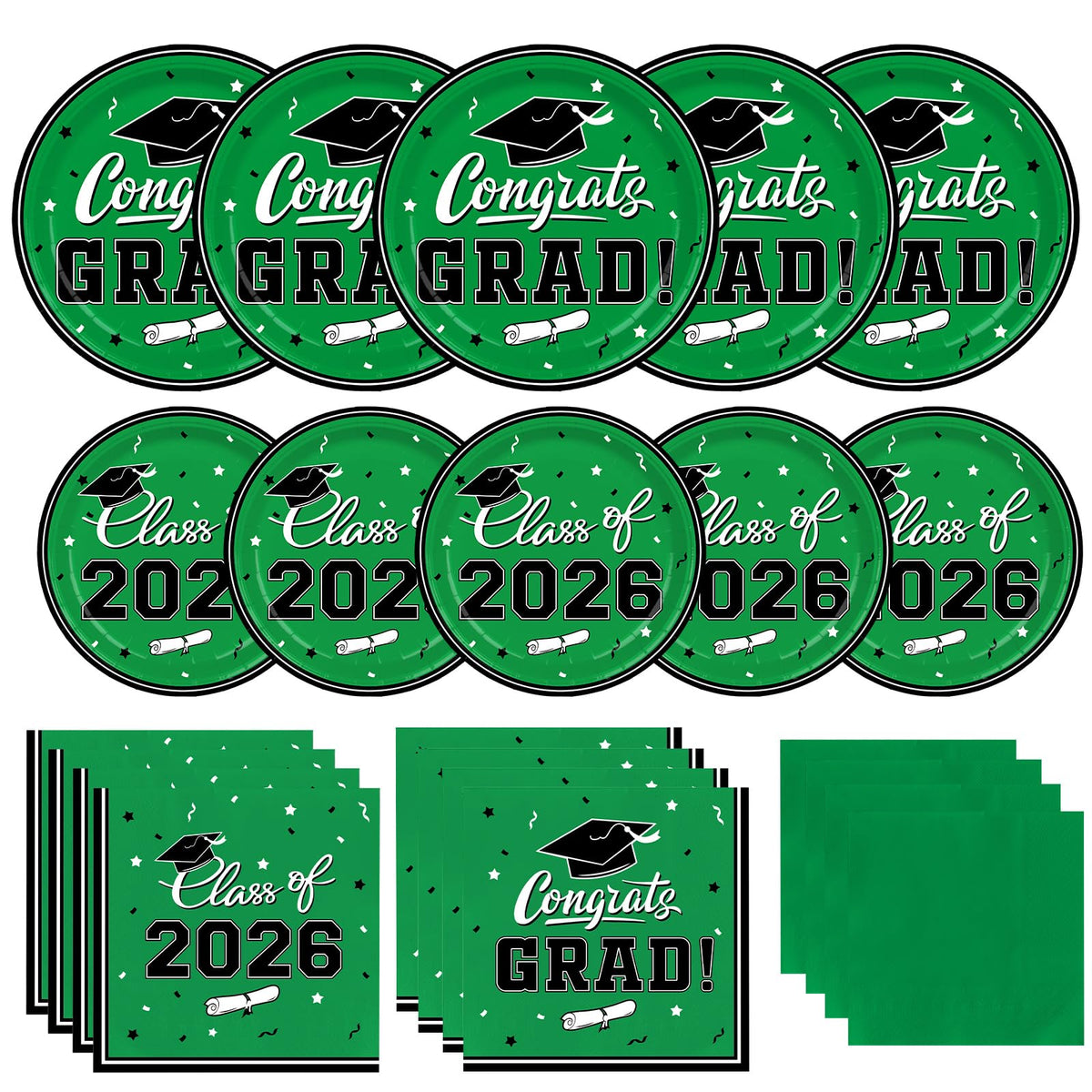 Gatherfun graduation dinner plates in green ready for easy cleanup after celebrations
