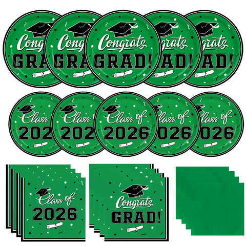Gatherfun graduation dinner plates in green ready for easy cleanup after celebrations