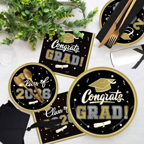 Gatherfun graduation party package serves 50 with plates and napkins for easy hosting.