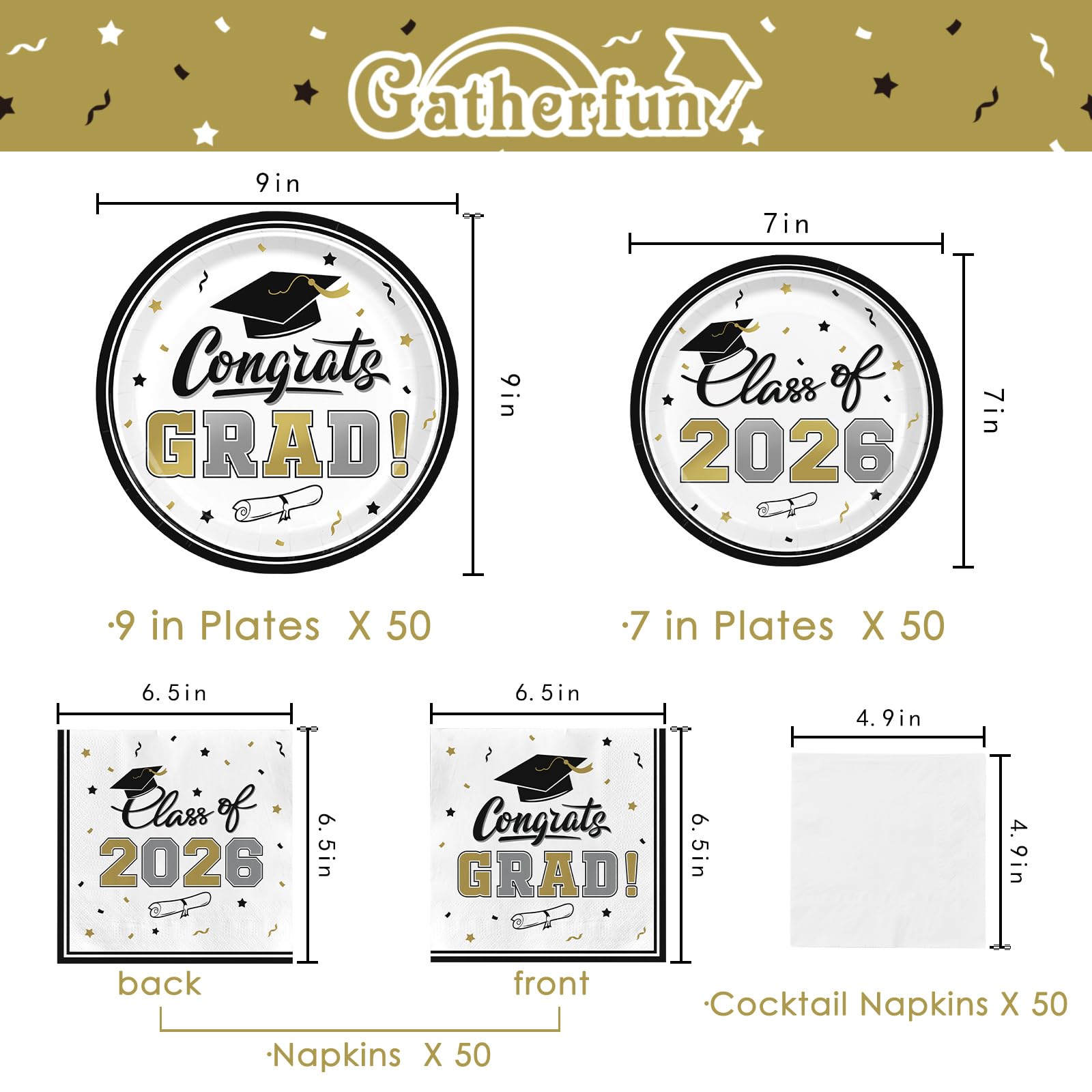 Gatherfun graduation dessert plates with white and gold design for elegant service