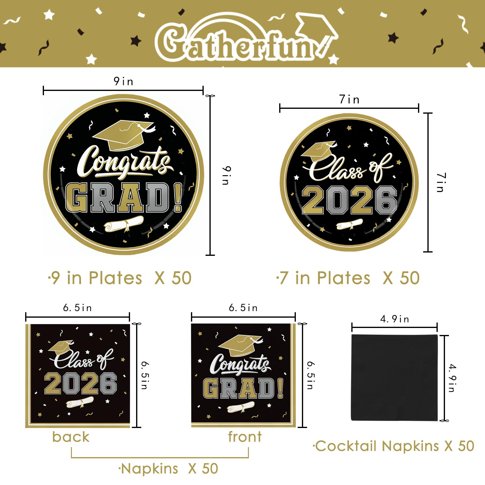 Gatherfun graduation dessert plates 7-inch in black and gold for coordinated serveware.