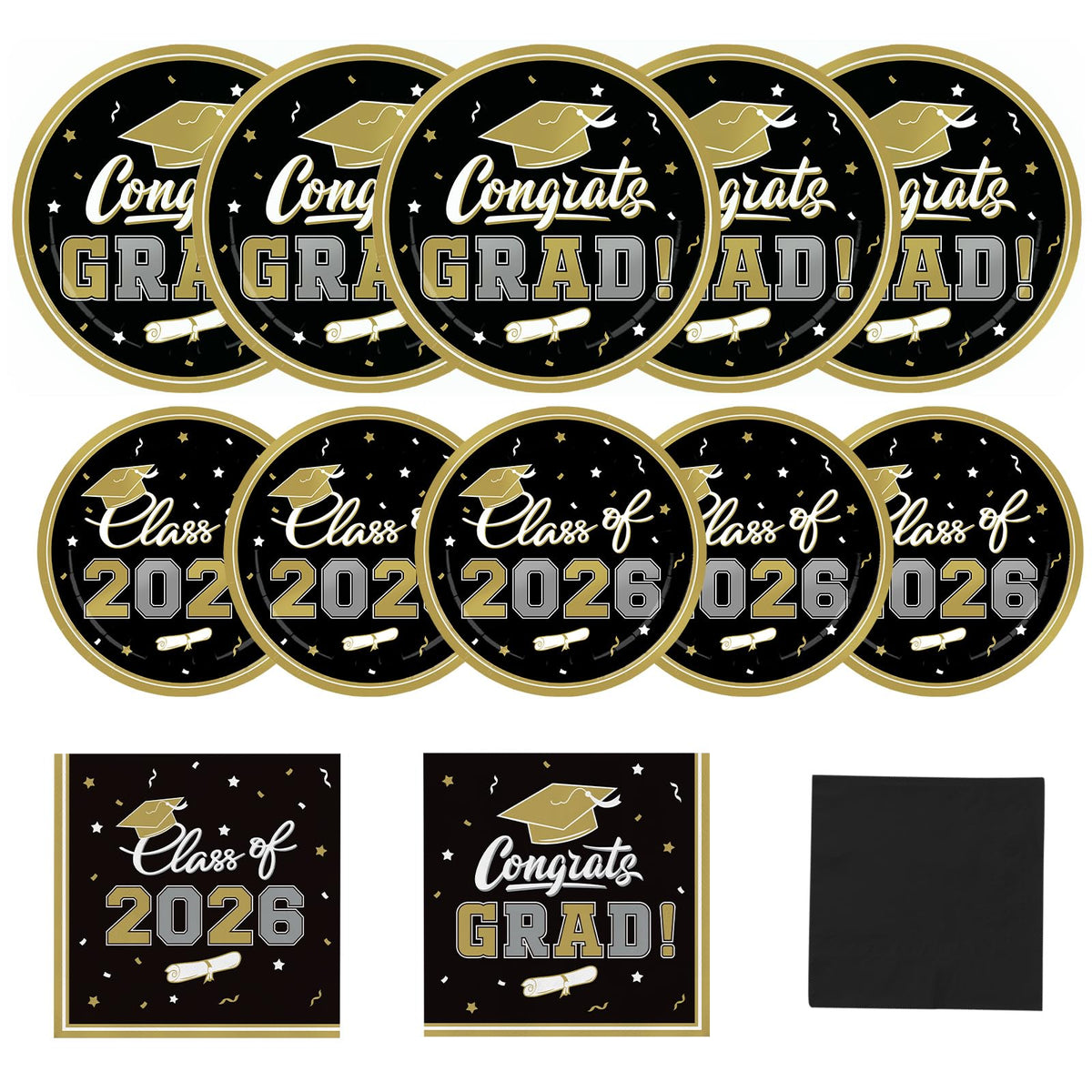 Gatherfun graduation plates 9-inch black and gold for a stylish, no-fuss party setup.