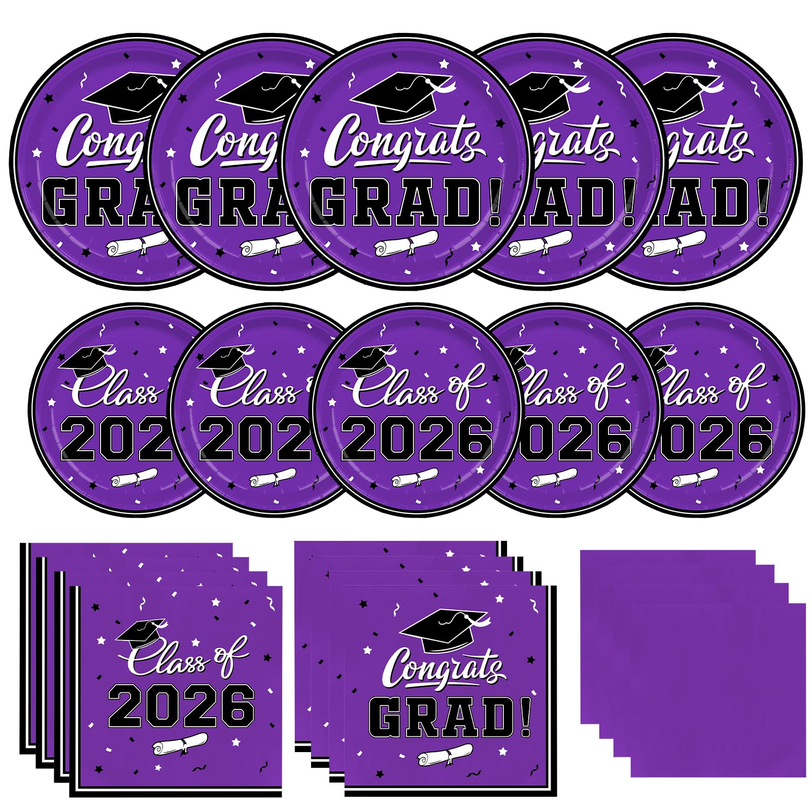 Gatherfun purple graduation dinner plates for quick setup and clean-up.