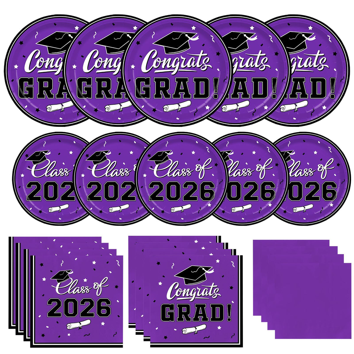 Gatherfun purple graduation dinner plates for quick setup and clean-up.