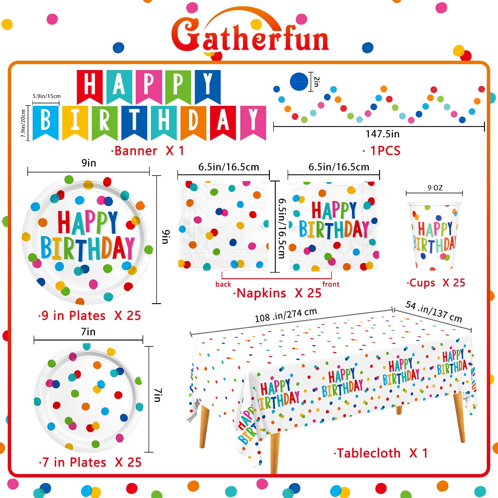 Gatherfun Happy Birthday 7-inch plates with vibrant dots for kid-friendly meals
