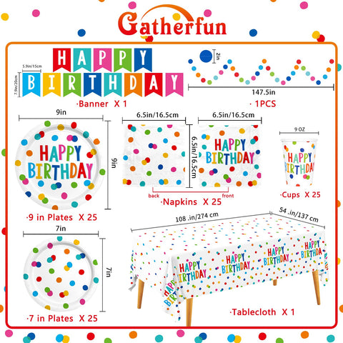 Gatherfun Happy Birthday 7-inch plates with vibrant dots for kid-friendly meals