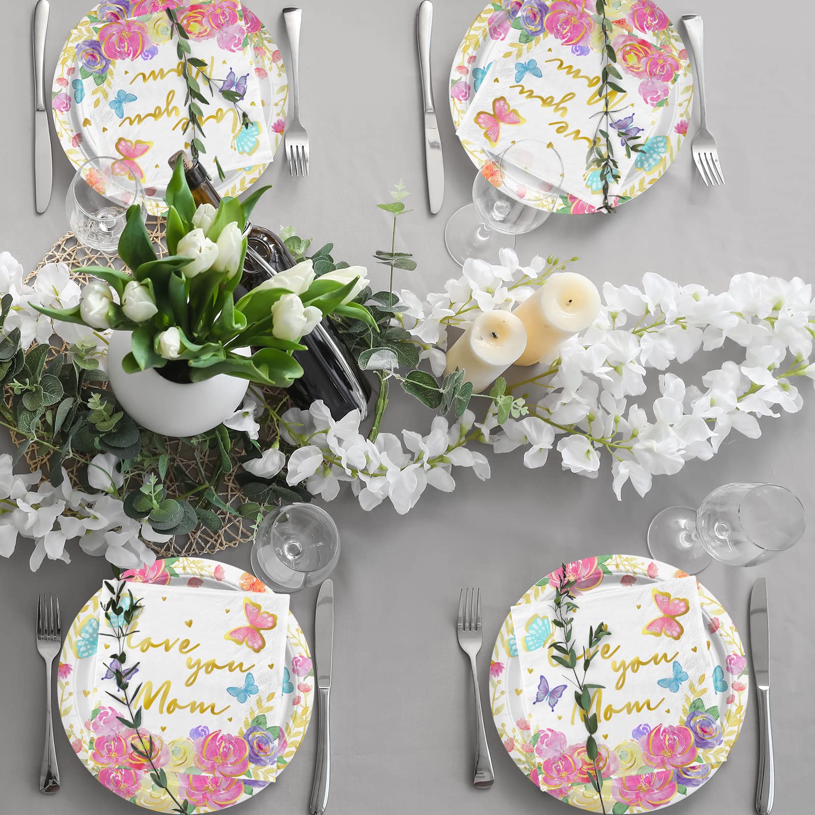 Gatherfun foil gold 'Love you Mom' accent elevates the centerpiece.