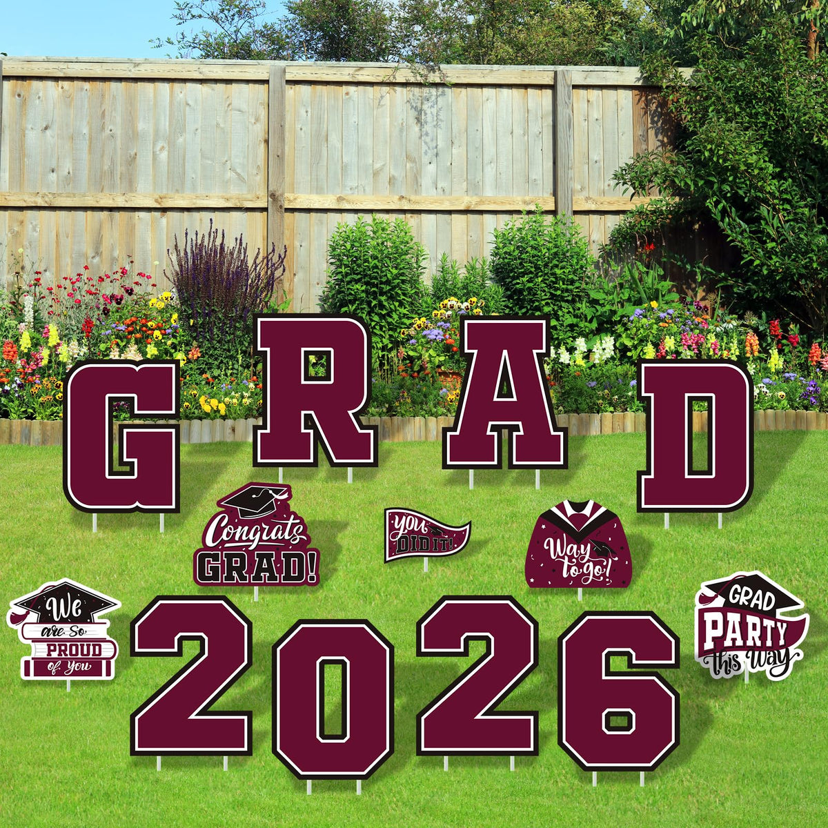 Gatherfun maroon graduation yard sign featuring a cap design for outdoor display