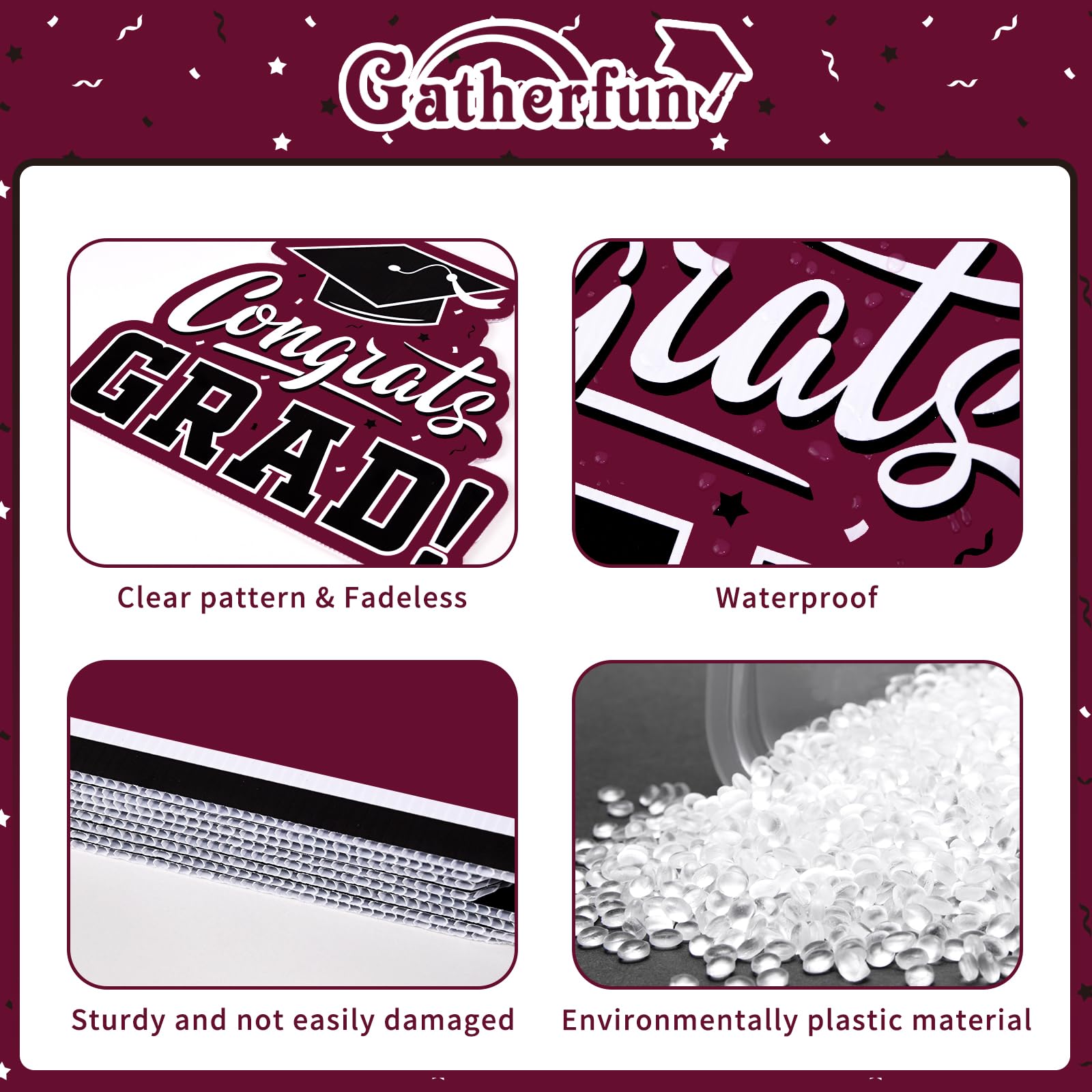 Gatherfun maroon graduation signs enhance photos and curb appeal during celebrations