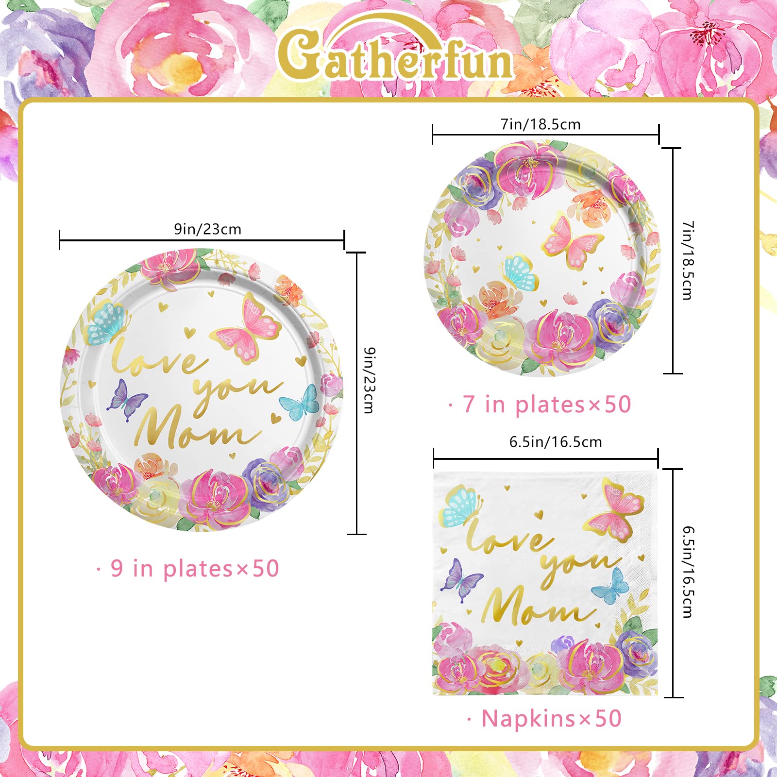 Gatherfun Mother's Day 7-inch dessert plates add bright color to treats.